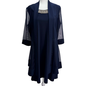 R & M Richards Navy Blue Dress with Rhinestones & Sheer Cardigan Formal Wedding
